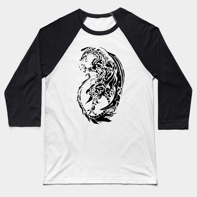 Dragon - Black & White Tribal Baseball T-Shirt by Atomus